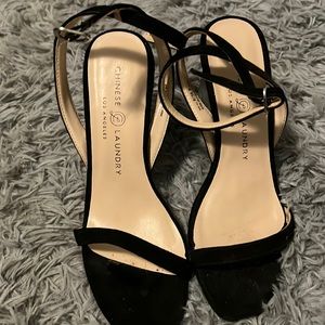 Chinese Laundry black suede clear ombré heel ankle strap sandals